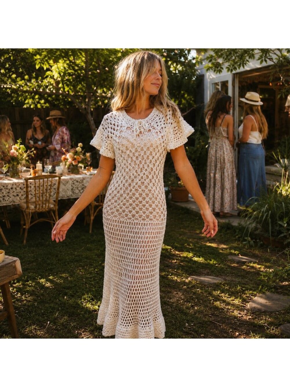 Handmade Long White Crocheted Dress Short Sleeve Women Boho Fitted Mermaid XS